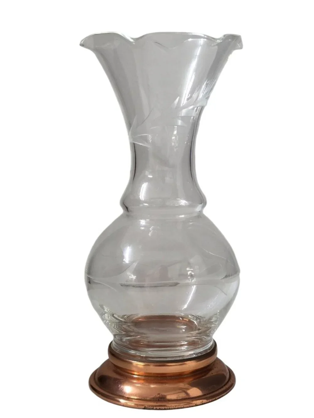 Vintage Clear Glass Bud Vase Ruffled Rim Etched Leaf Copper Tone Base 6